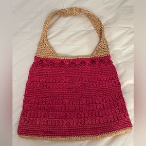 straw/ raffia woven red & beige block shoulder bag